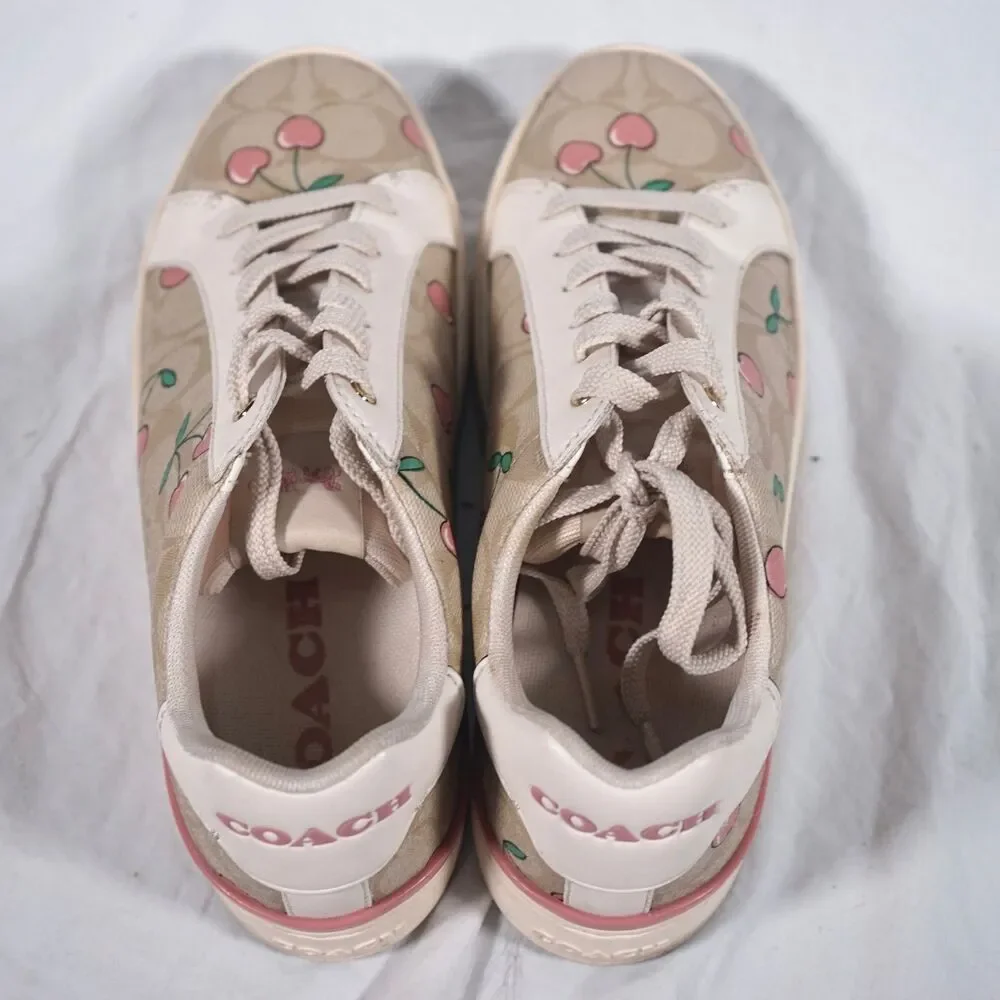 Coach Cherry All Over Print Sneakers Tan Beige Pink Women's 8.5B RARE